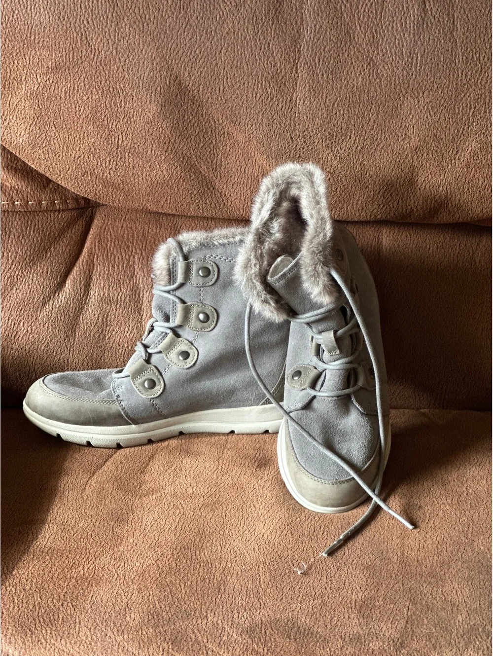 Sorel Explorer Joan Waterproof Winter Boots Grey Suede Faux Fur Women's 7.5